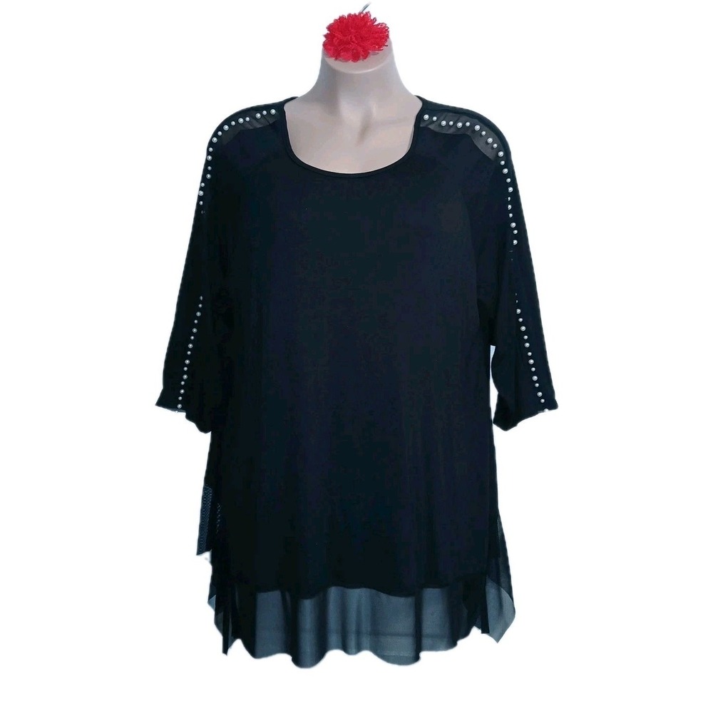 Cha Cha Vente Women Pearl Sleeve Tunic Top 3X Black Minimalist Dainty Lagenlook